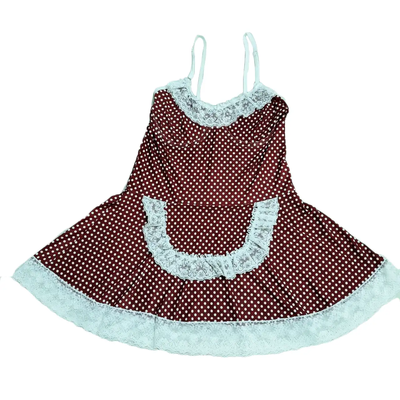 2117 1 leBas Khab Fanardar Gap Code 2117 لباس خواب یا کاستوم خدمتکاری فنردار Gap کد 2117 - لباس خواب فنردار زنانه Gap کد 2117 با طراحی کلاسیک، رنگ زرشکی با خال سفید و جزئیات دانتل سفید