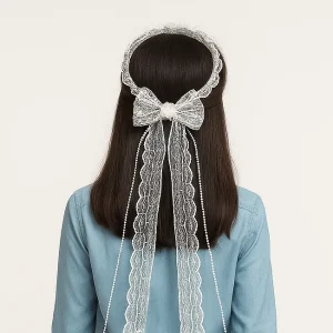 تاج عروس فانتزی با پاپیون بلند و ریسه مروارید کد 50753