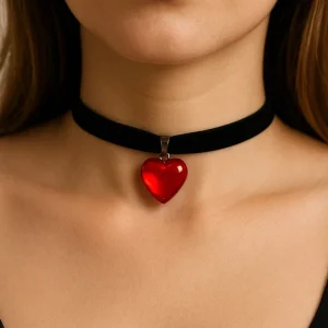چوکر قلب قرمز با روبان مخمل مشکی کد 13180