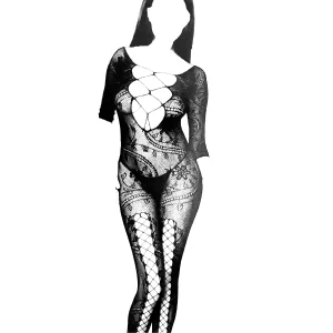 بادی استاکینگ یکسره Queen کد 8084 با بندهای ضربدری و طراحی گل و برگ برای لباس خواب زنانه مدرن