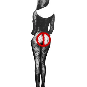 بادی استاکینگ یکسره مشکی Queen کد 8084 با بندهای ضربدری و طراحی گل و برگ برای لباس خواب زنانه مدرن