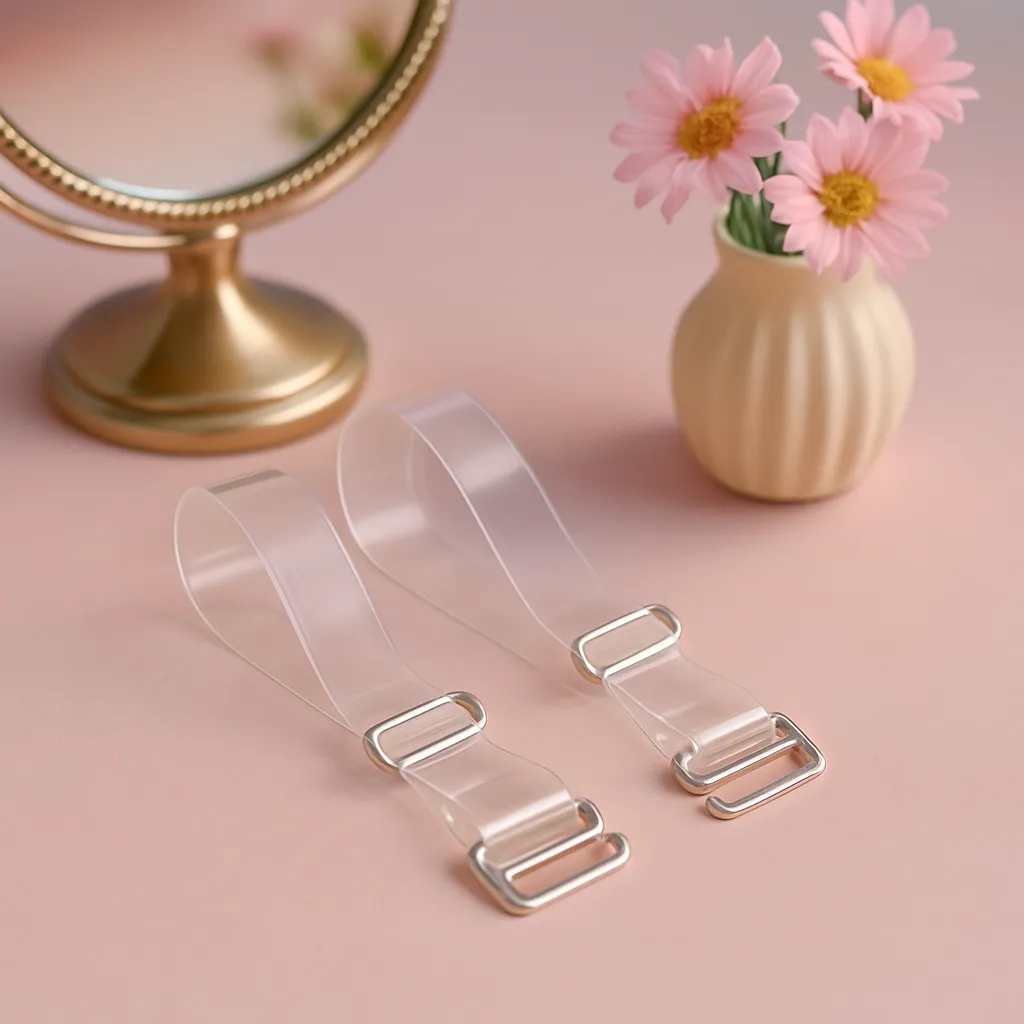 بند نامرئی لباس مجلسی برای چیست؟ بند شفاف و ظریف کنار آینه و گلدان گل، نمایش بدون حضور انسان، با حال و هوای فانتزی و شیک