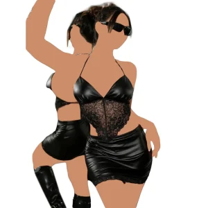 ست سوتین و دامن با شورت Anahel کد 7141 مشکی براق با دانتل، سوتین مثلثی و دامن کوتاه؛ تمرکز روی سینه، شکم و باسن، مناسب فضای خصوصی دو نفره