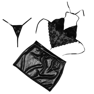 ست سوتین و دامن با شورت Anahel کد 7141 مشکی براق با دانتل، سوتین مثلثی و دامن کوتاه؛ تمرکز روی سینه، شکم و باسن، مناسب فضای خصوصی دو نفره