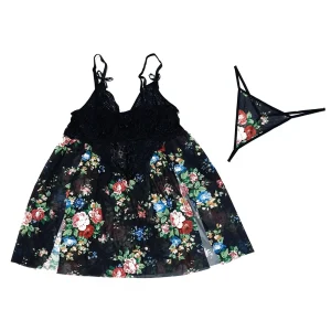 لباس خواب دانتل تور کلاسیک سایز بزرگ CS4 کد 100347 - طراحی قلب دانتل با بندهای قابل تنظیم و تور چاپدار طرح قلب گل ستاره برای خانمهای plus size