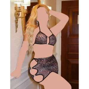 ست سه تکه پلنگی Nirvana کد 1736 - سوتین، دامن و شورت لامبادا با طراحی خاص و پارچه پلنگی