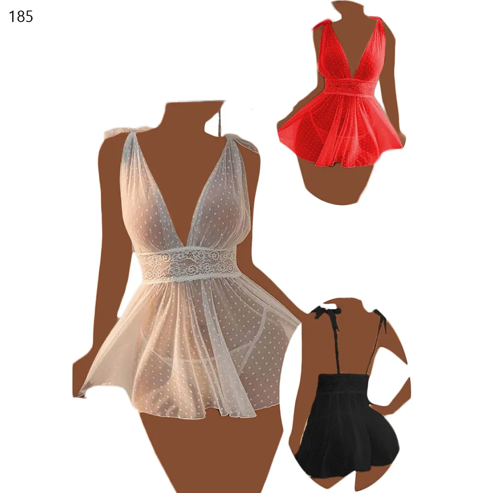 لباس خواب توری خالدار فانتزی دلبران DELWIN کد ۱۸۵، لباس زیر سکسی زنانه، کاستوم عروس مشکی قرمز سفید، لباس خواب لامبادا دار