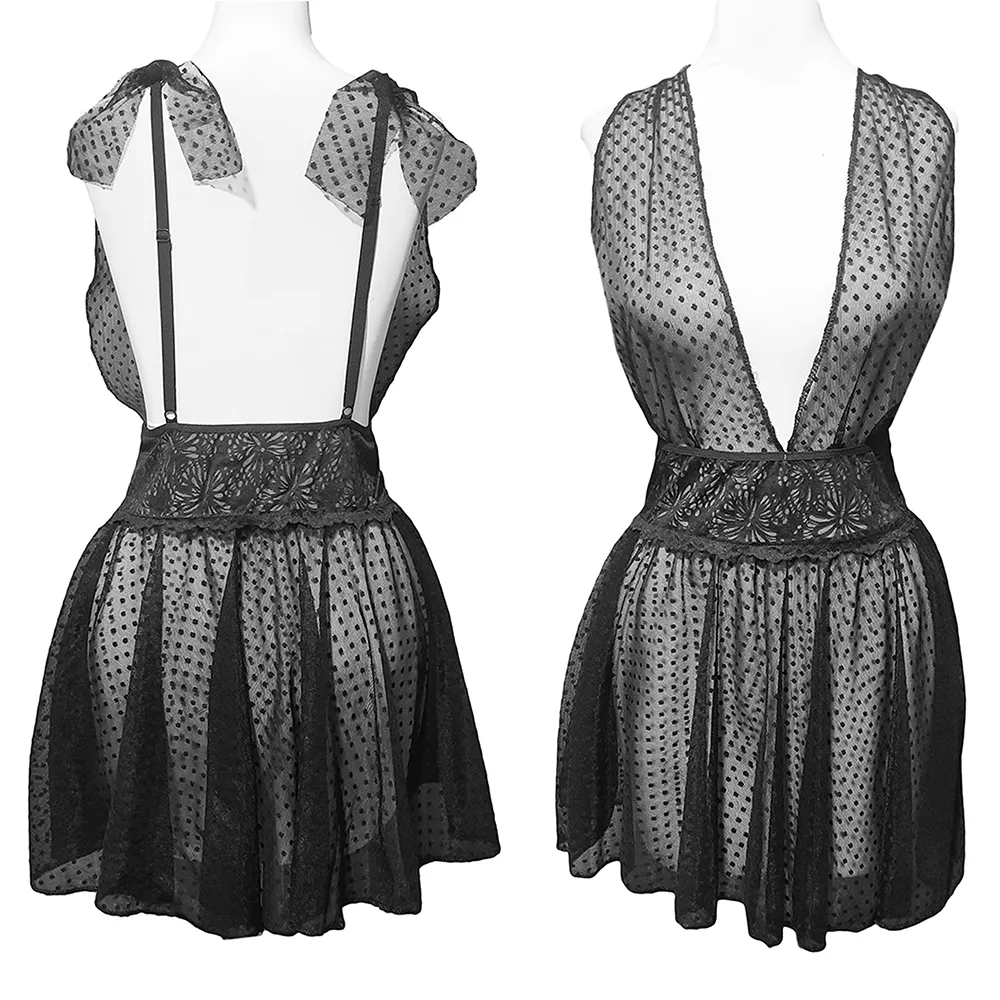 لباس خواب توری خالدار فانتزی دلبران DELWIN کد ۱۸۵، لباس زیر سکسی زنانه، کاستوم عروس مشکی قرمز سفید، لباس خواب لامبادا دار