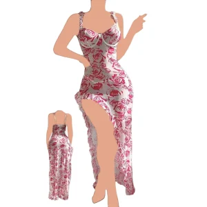 تونیک بلند توری فانتزی رز سرخ Queen کد Q2060؛ لباس خواب عروس سکسی زنانه، فنردوزی، مناسب سایز 38 تا 42 با چاک بلند پا.