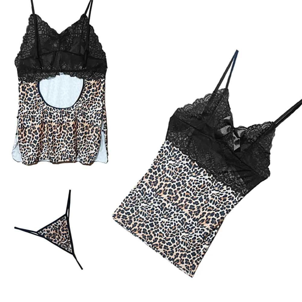 🐆 ست لباس خواب پلنگی فانتزی (Big Size) Violetta کد 2062 - لباس خواب فانتزی پلنگی مشکی دانتل Violetta، بیگ سایز، دارای زنجیر طلایی، پوشاننده شکم، مناسب بانوان تپل